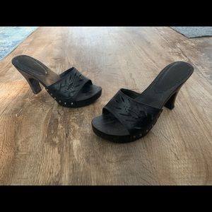 Black slip on sandal heels